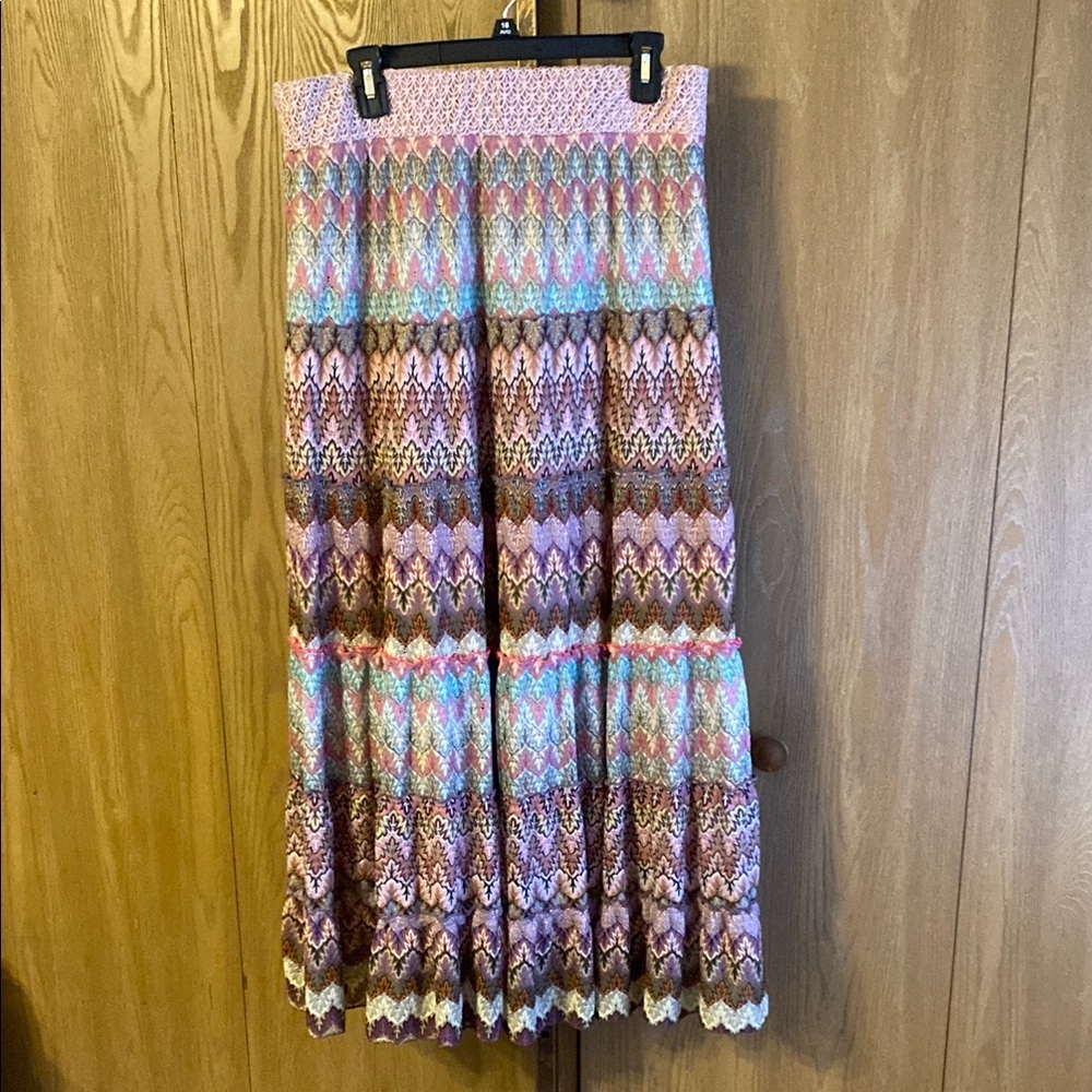Lapis Boho Crochet Lace Maxi Skirt Tiered Ruffle Trim  Multicolor Lined